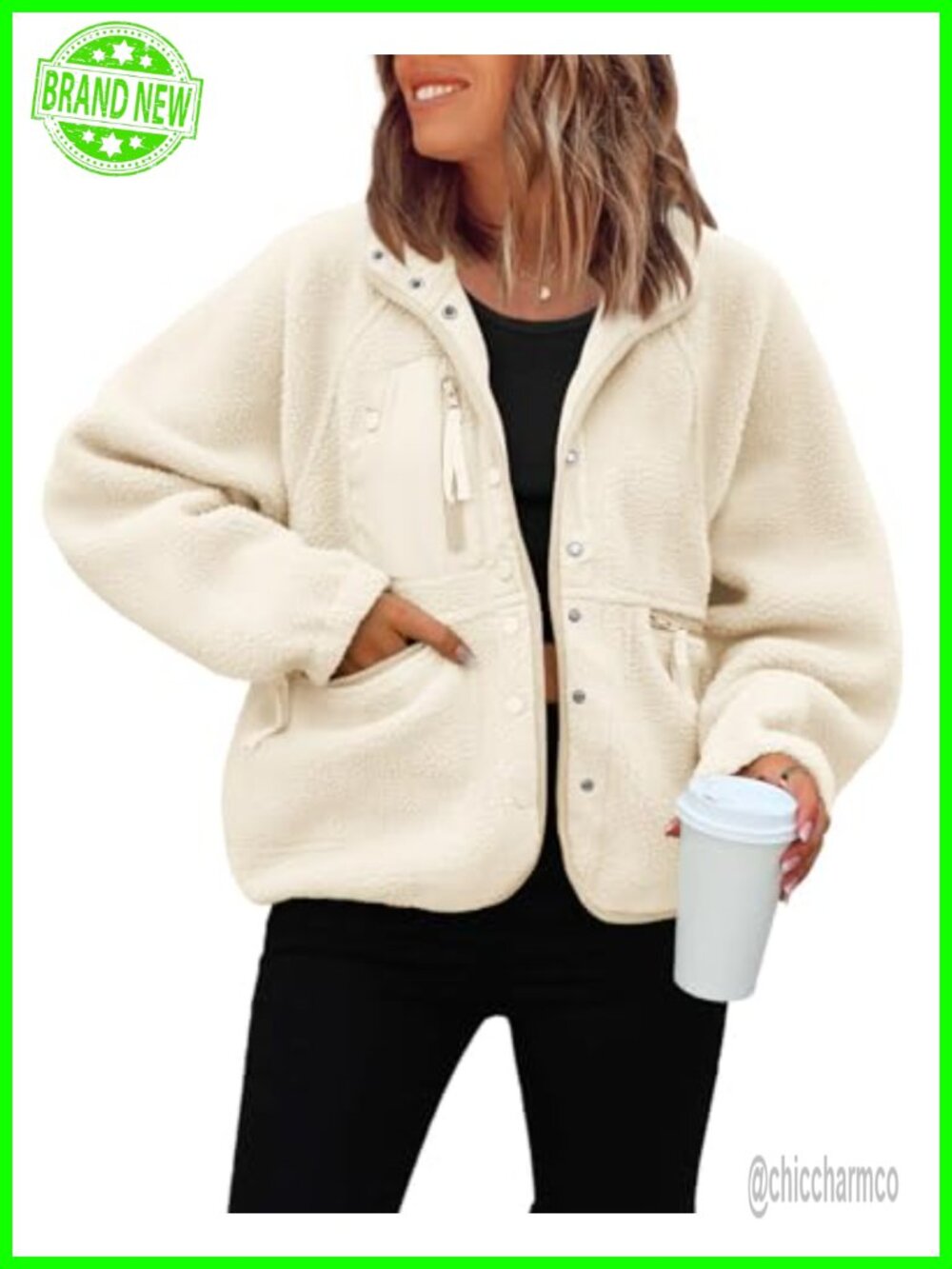 Womens Button Down Cropped Fuzzy Fleece Jacket